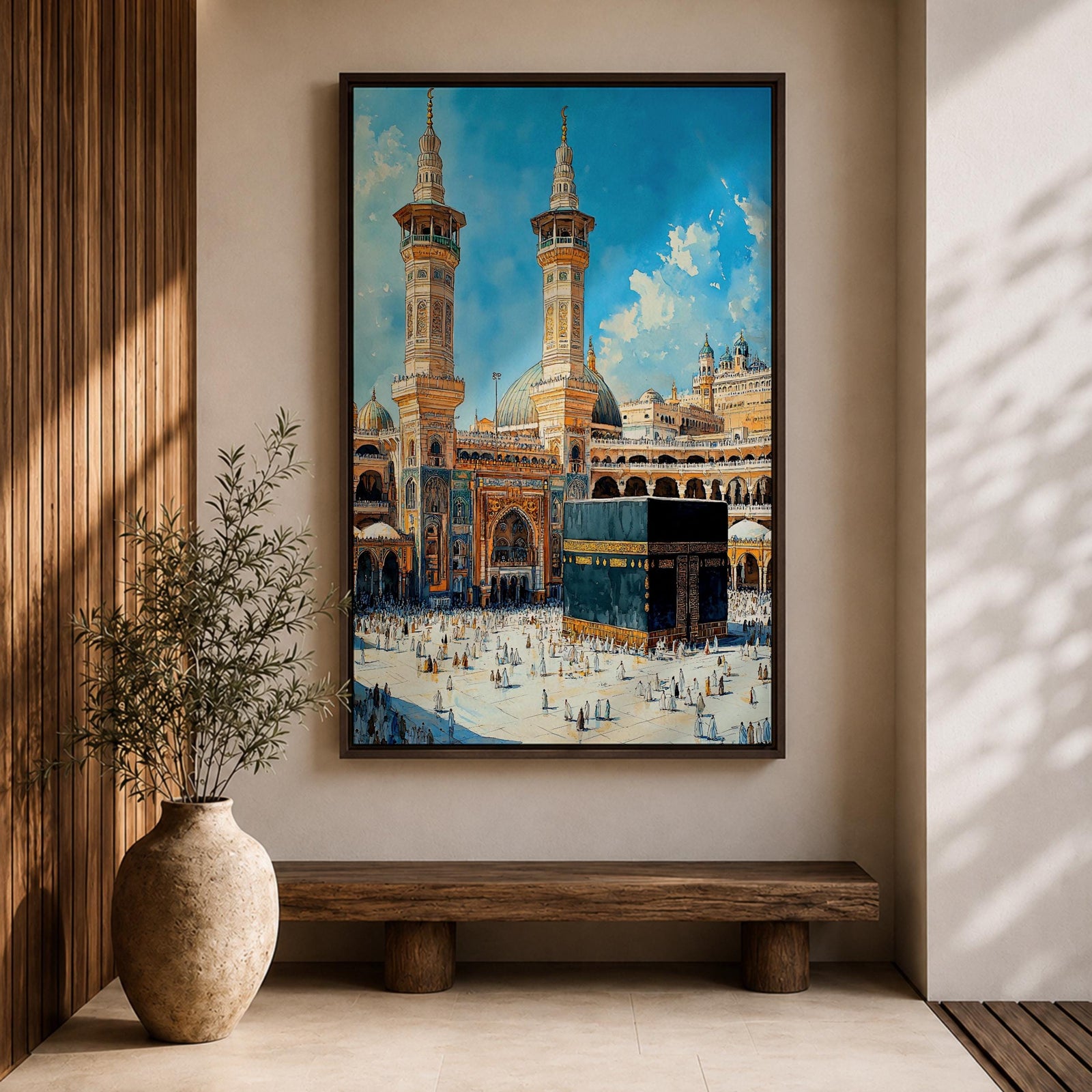Detailed textured painting of the Kaaba at Masjid Al Haram in Mecca with two tall minarets, pilgrims surrounding the Kaaba, and a bright blue sky above the grand mosque courtyard.