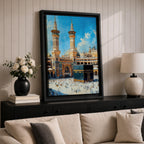 Detailed textured painting of the Kaaba at Masjid Al Haram in Mecca with two tall minarets, pilgrims surrounding the Kaaba, and a bright blue sky above the grand mosque courtyard.