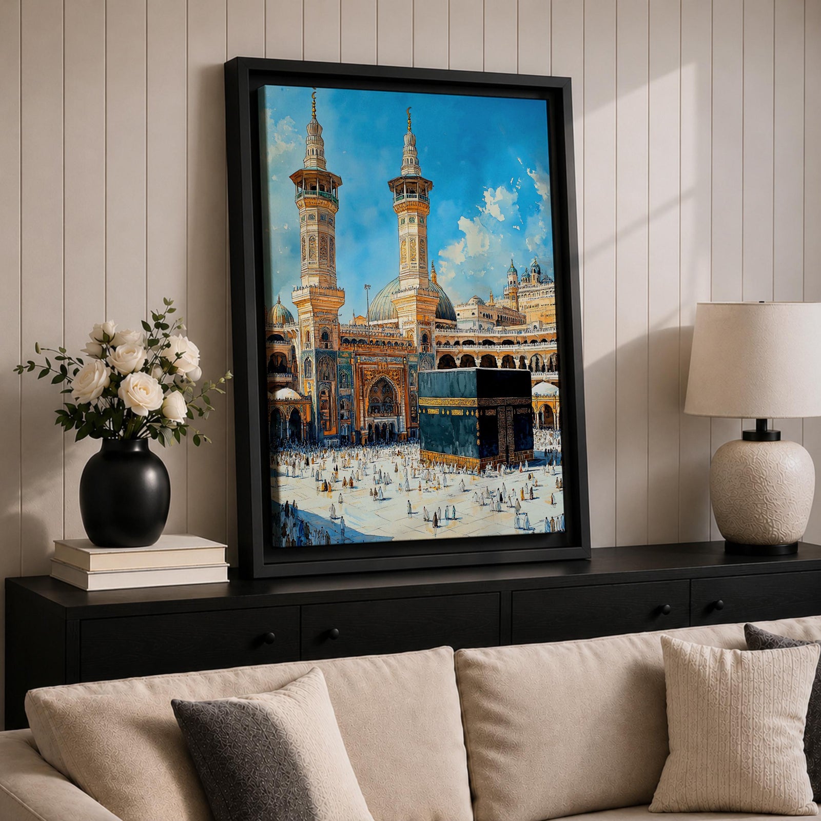 Detailed textured painting of the Kaaba at Masjid Al Haram in Mecca with two tall minarets, pilgrims surrounding the Kaaba, and a bright blue sky above the grand mosque courtyard.