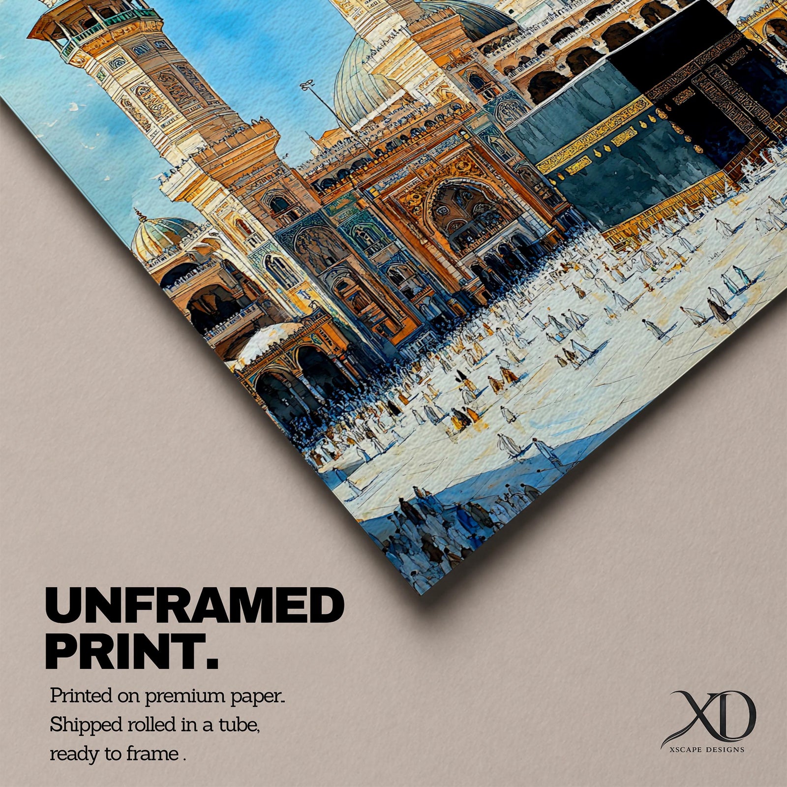 Detailed textured painting of the Kaaba at Masjid Al Haram in Mecca with two tall minarets, pilgrims surrounding the Kaaba, and a bright blue sky above the grand mosque courtyard.
