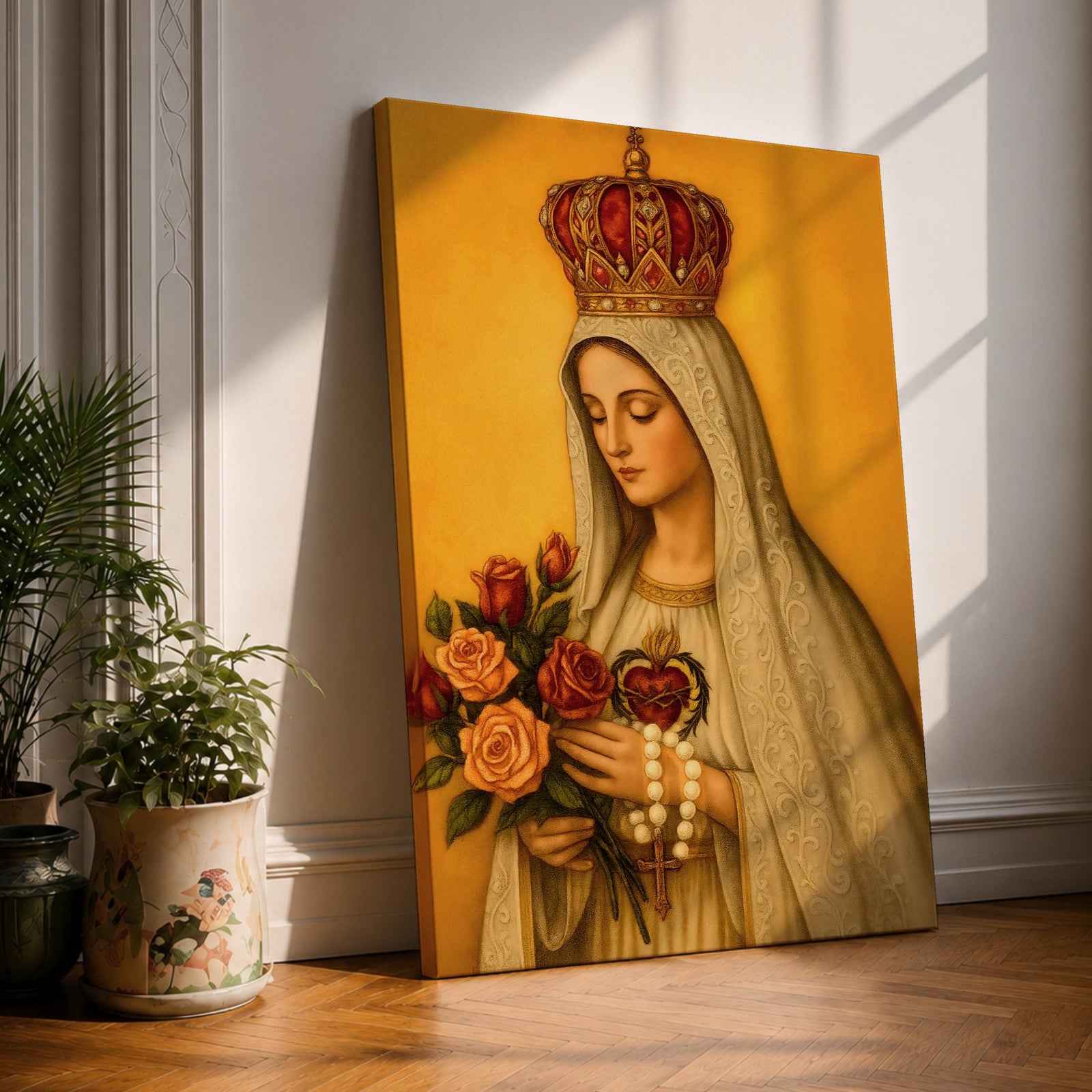 Devotional painting of Our Lady of Fatima wearing a white veil and ornate crown while holding a bouquet of roses and a rosary in her hands, with the Sacred Heart visible on her chest, rendered in a classical Catholic icon style against a warm golden background with serene Marian expression.