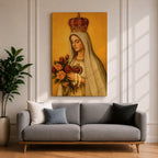 Devotional painting of Our Lady of Fatima wearing a white veil and ornate crown while holding a bouquet of roses and a rosary in her hands, with the Sacred Heart visible on her chest, rendered in a classical Catholic icon style against a warm golden background with serene Marian expression.