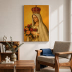 Devotional painting of Our Lady of Fatima wearing a white veil and ornate crown while holding a bouquet of roses and a rosary in her hands, with the Sacred Heart visible on her chest, rendered in a classical Catholic icon style against a warm golden background with serene Marian expression.