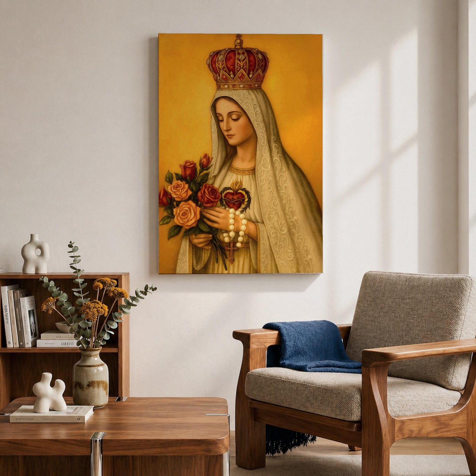 Devotional painting of Our Lady of Fatima wearing a white veil and ornate crown while holding a bouquet of roses and a rosary in her hands, with the Sacred Heart visible on her chest, rendered in a classical Catholic icon style against a warm golden background with serene Marian expression.