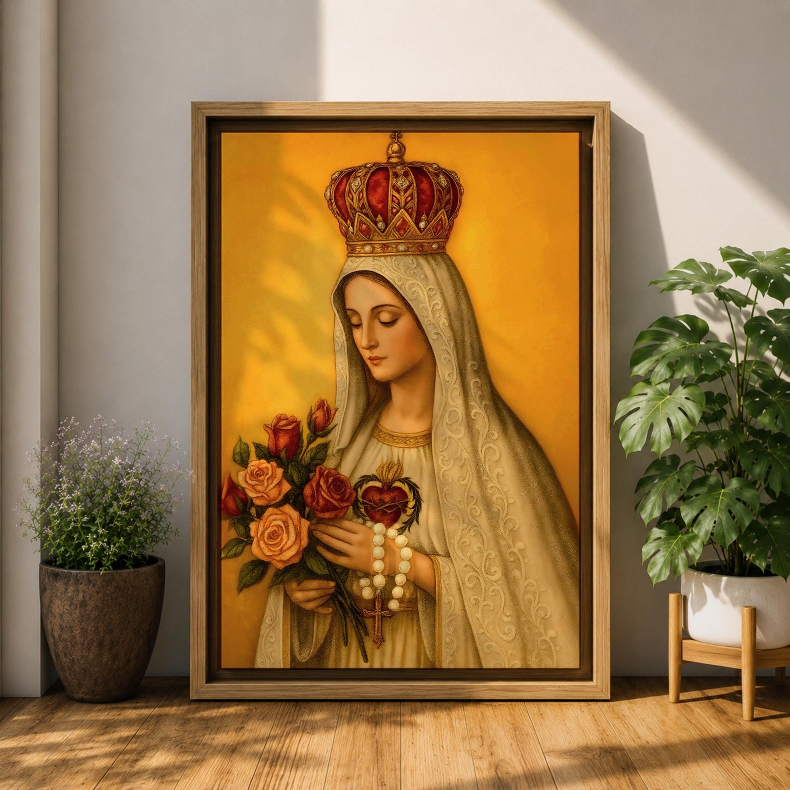 Devotional painting of Our Lady of Fatima wearing a white veil and ornate crown while holding a bouquet of roses and a rosary in her hands, with the Sacred Heart visible on her chest, rendered in a classical Catholic icon style against a warm golden background with serene Marian expression.