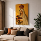 Devotional painting of Our Lady of Fatima wearing a white veil and ornate crown while holding a bouquet of roses and a rosary in her hands, with the Sacred Heart visible on her chest, rendered in a classical Catholic icon style against a warm golden background with serene Marian expression.