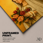 Devotional painting of Our Lady of Fatima wearing a white veil and ornate crown while holding a bouquet of roses and a rosary in her hands, with the Sacred Heart visible on her chest, rendered in a classical Catholic icon style against a warm golden background with serene Marian expression.