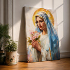 A vintage-style framed canvas painting of Blessed Virgin Mary depicted as Our Lady of Grace, holding a bouquet of flowers with a golden halo behind her head. The artwork features soft brushstrokes and a classic religious portrait style emphasizing serene expression and traditional Marian iconography.