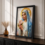 A vintage-style framed canvas painting of Blessed Virgin Mary depicted as Our Lady of Grace, holding a bouquet of flowers with a golden halo behind her head. The artwork features soft brushstrokes and a classic religious portrait style emphasizing serene expression and traditional Marian iconography.