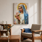 A vintage-style framed canvas painting of Blessed Virgin Mary depicted as Our Lady of Grace, holding a bouquet of flowers with a golden halo behind her head. The artwork features soft brushstrokes and a classic religious portrait style emphasizing serene expression and traditional Marian iconography.