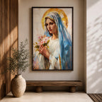 A vintage-style framed canvas painting of Blessed Virgin Mary depicted as Our Lady of Grace, holding a bouquet of flowers with a golden halo behind her head. The artwork features soft brushstrokes and a classic religious portrait style emphasizing serene expression and traditional Marian iconography.