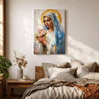 A vintage-style framed canvas painting of Blessed Virgin Mary depicted as Our Lady of Grace, holding a bouquet of flowers with a golden halo behind her head. The artwork features soft brushstrokes and a classic religious portrait style emphasizing serene expression and traditional Marian iconography.