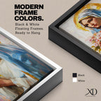 A vintage-style framed canvas painting of Blessed Virgin Mary depicted as Our Lady of Grace, holding a bouquet of flowers with a golden halo behind her head. The artwork features soft brushstrokes and a classic religious portrait style emphasizing serene expression and traditional Marian iconography.