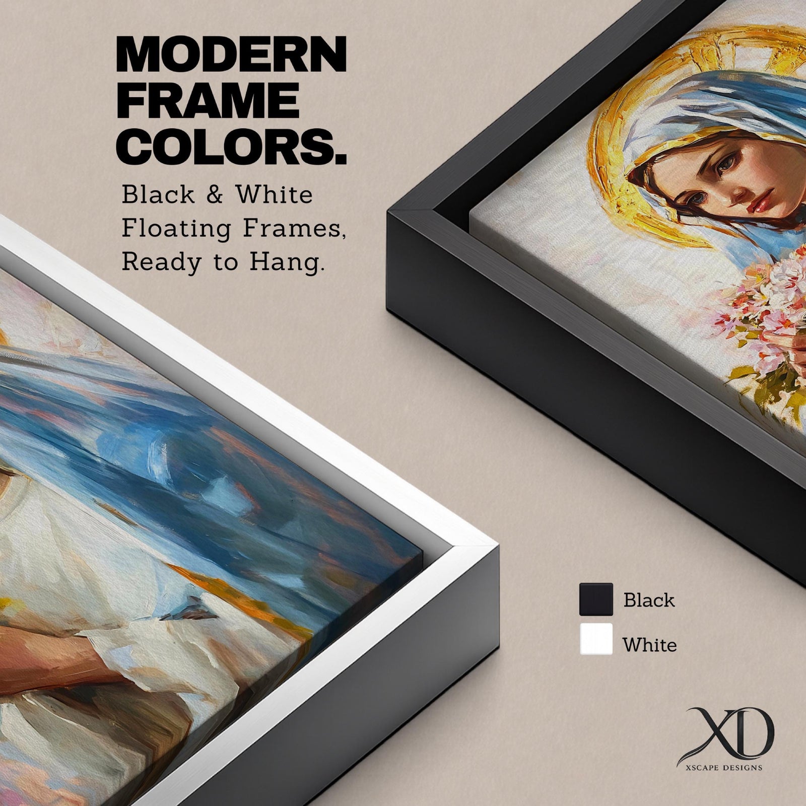 A vintage-style framed canvas painting of Blessed Virgin Mary depicted as Our Lady of Grace, holding a bouquet of flowers with a golden halo behind her head. The artwork features soft brushstrokes and a classic religious portrait style emphasizing serene expression and traditional Marian iconography.