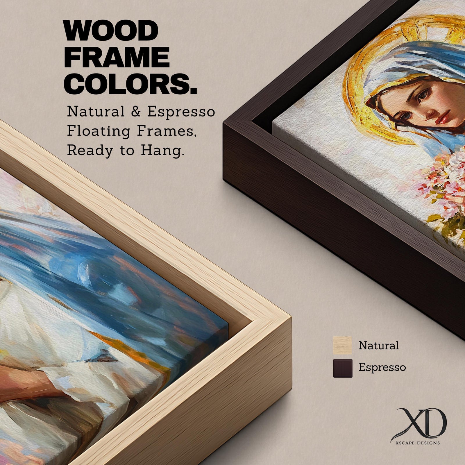 A vintage-style framed canvas painting of Blessed Virgin Mary depicted as Our Lady of Grace, holding a bouquet of flowers with a golden halo behind her head. The artwork features soft brushstrokes and a classic religious portrait style emphasizing serene expression and traditional Marian iconography.