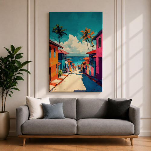 A vibrant painting depicting a tropical beach village with colorful houses lining a descending street toward the ocean. Palm trees rise above the rooftops under a bright blue sky with fluffy clouds. The artwork captures a lively coastal town atmosphere in a bold, illustrative style.