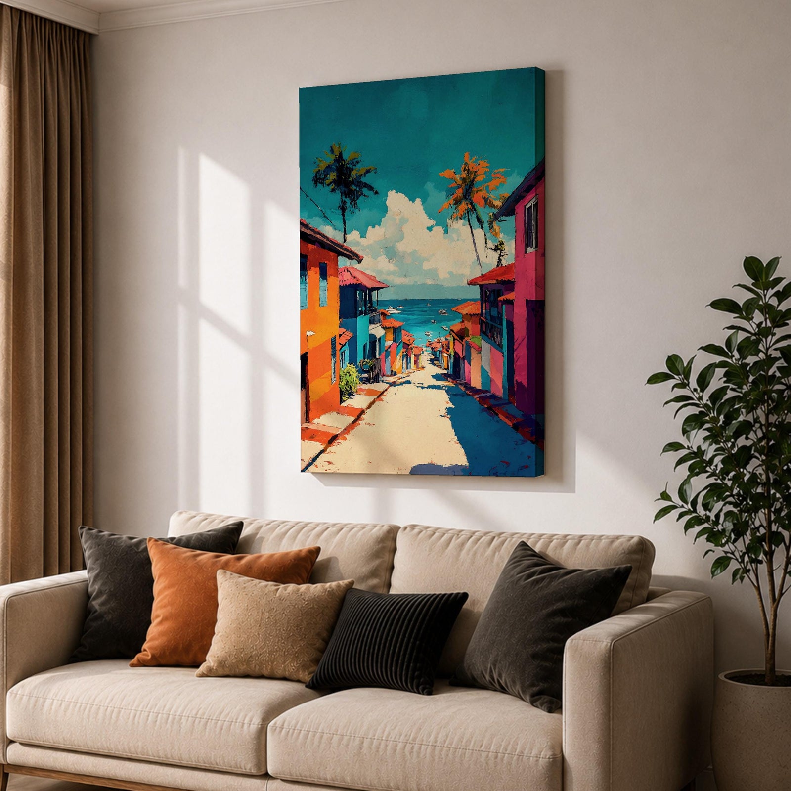 A vibrant painting depicting a tropical beach village with colorful houses lining a descending street toward the ocean. Palm trees rise above the rooftops under a bright blue sky with fluffy clouds. The artwork captures a lively coastal town atmosphere in a bold, illustrative style.
