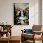 This impasto style framed canvas features a waterfall cascading between rocky cliffs surrounded by dense forest and mist, with textured brushstrokes creating a vivid landscape scene of nature’s power and tranquility.