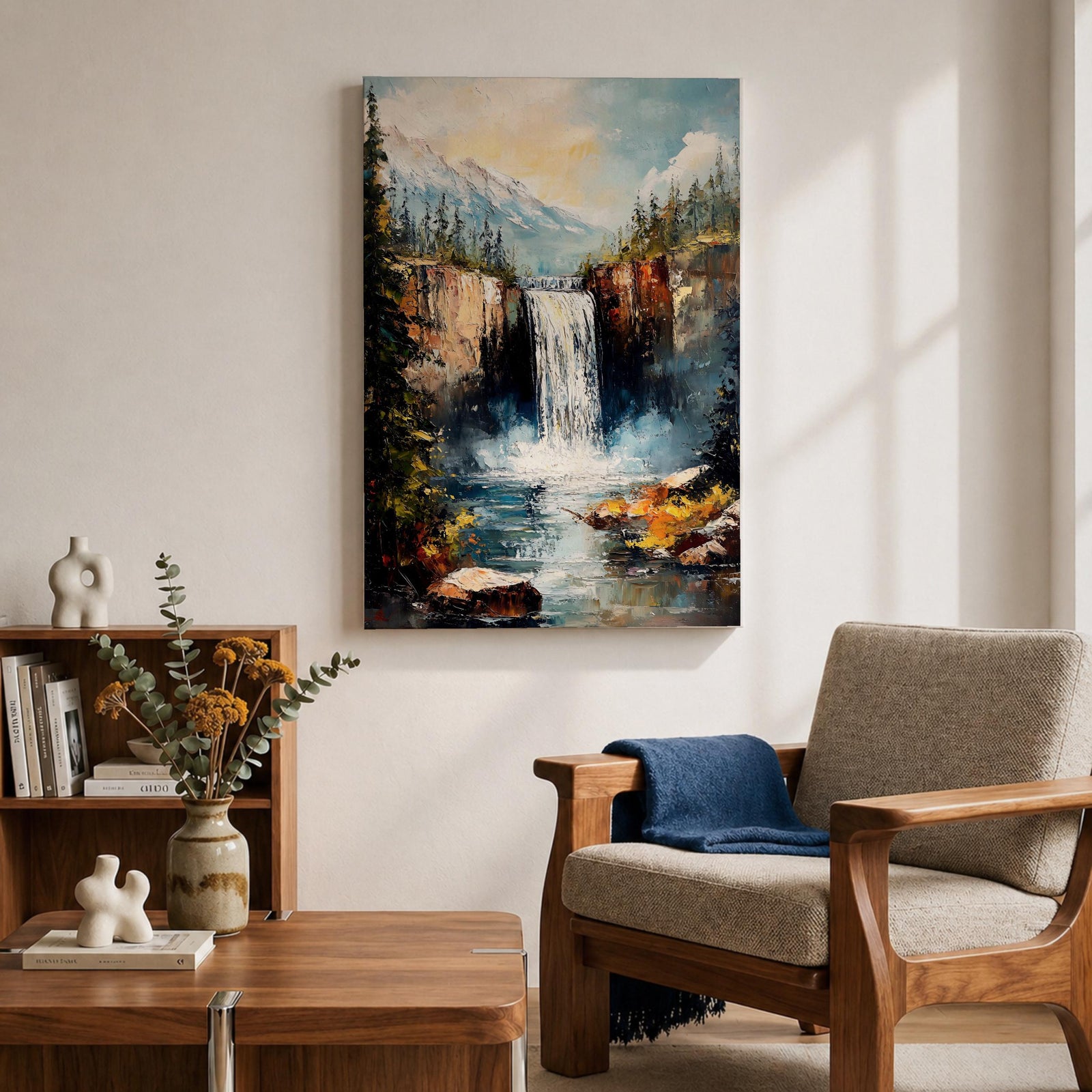 This impasto style framed canvas features a waterfall cascading between rocky cliffs surrounded by dense forest and mist, with textured brushstrokes creating a vivid landscape scene of nature’s power and tranquility.