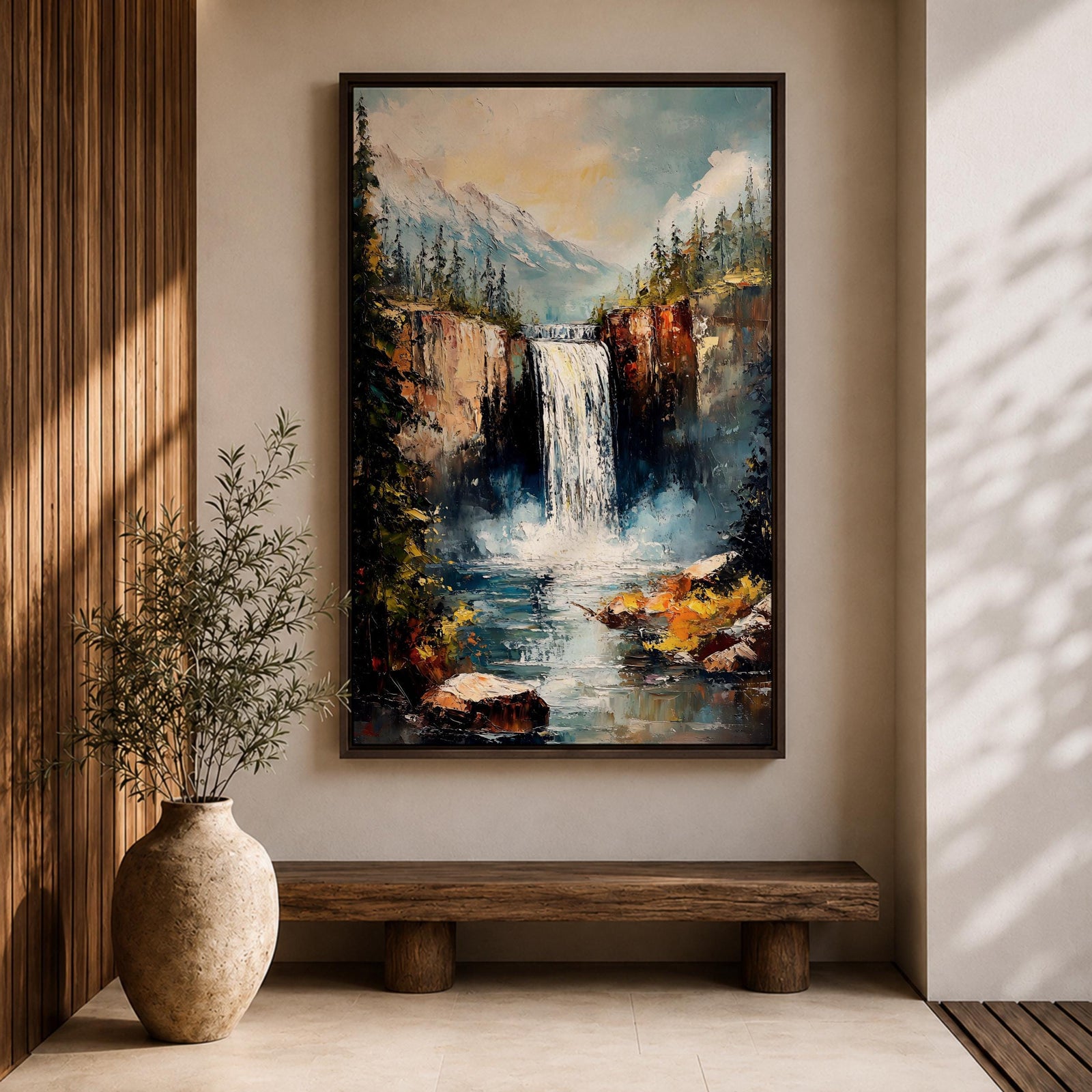 This impasto style framed canvas features a waterfall cascading between rocky cliffs surrounded by dense forest and mist, with textured brushstrokes creating a vivid landscape scene of nature’s power and tranquility.