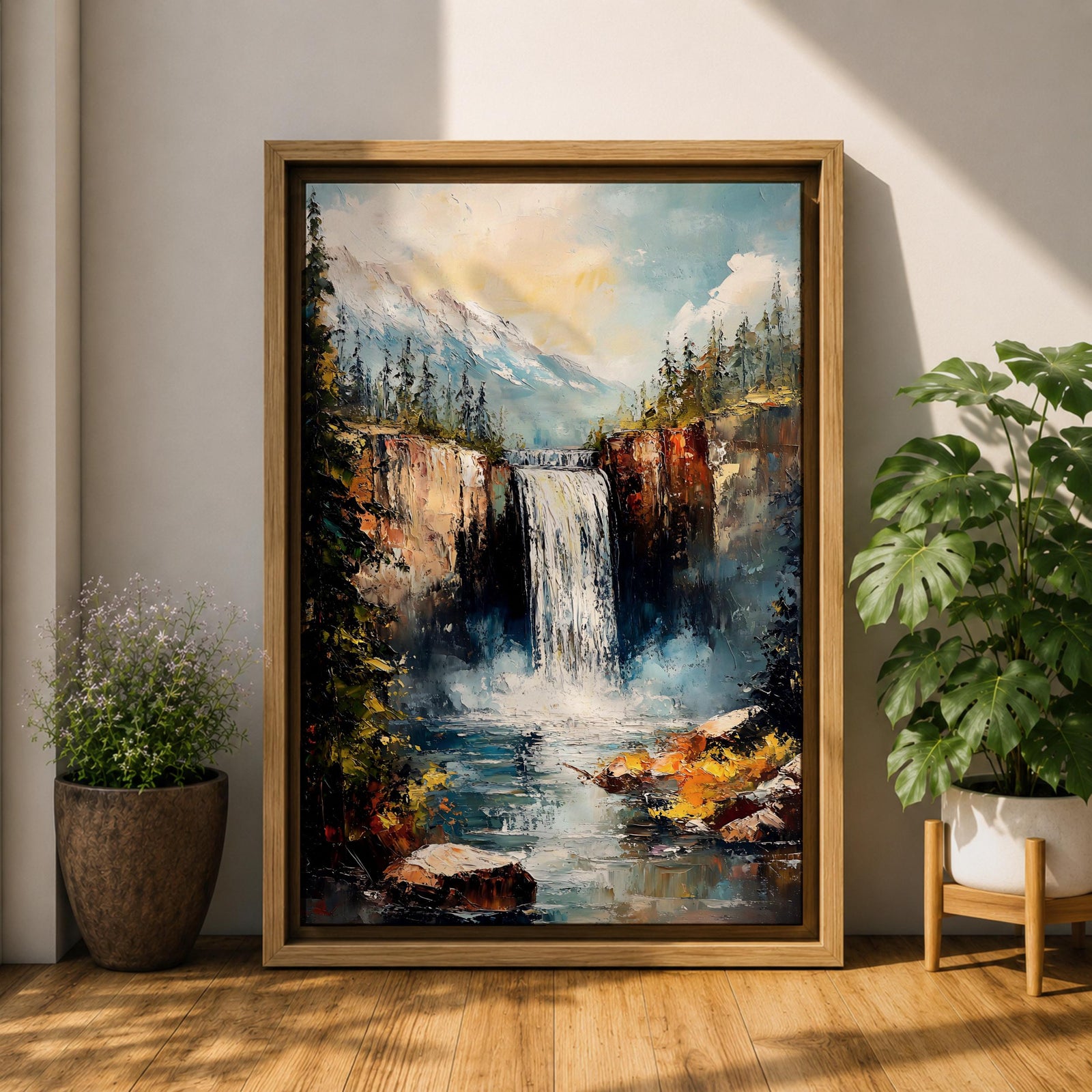 This impasto style framed canvas features a waterfall cascading between rocky cliffs surrounded by dense forest and mist, with textured brushstrokes creating a vivid landscape scene of nature’s power and tranquility.
