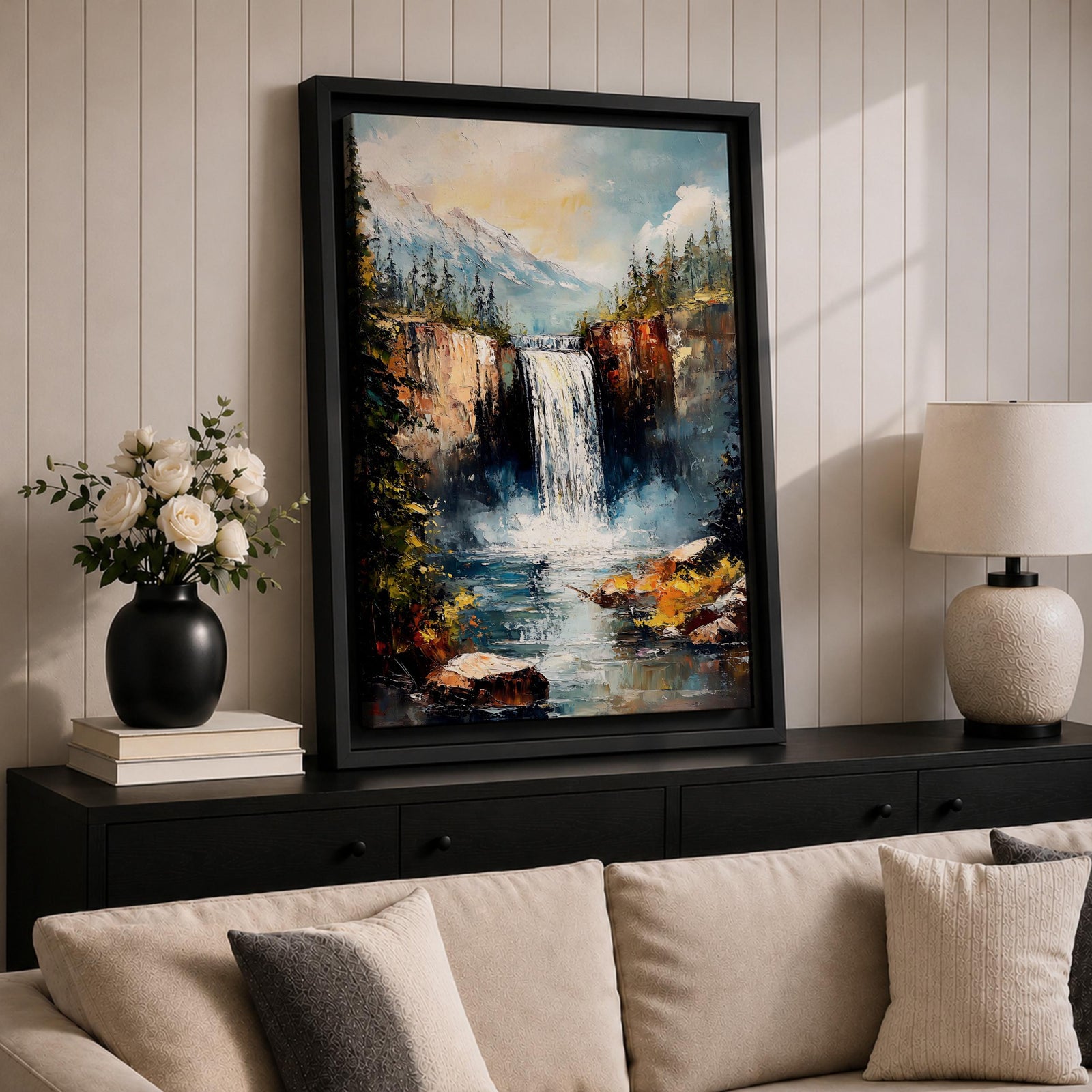 This impasto style framed canvas features a waterfall cascading between rocky cliffs surrounded by dense forest and mist, with textured brushstrokes creating a vivid landscape scene of nature’s power and tranquility.