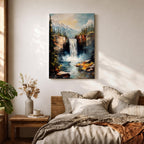 This impasto style framed canvas features a waterfall cascading between rocky cliffs surrounded by dense forest and mist, with textured brushstrokes creating a vivid landscape scene of nature’s power and tranquility.