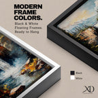 This impasto style framed canvas features a waterfall cascading between rocky cliffs surrounded by dense forest and mist, with textured brushstrokes creating a vivid landscape scene of nature’s power and tranquility.