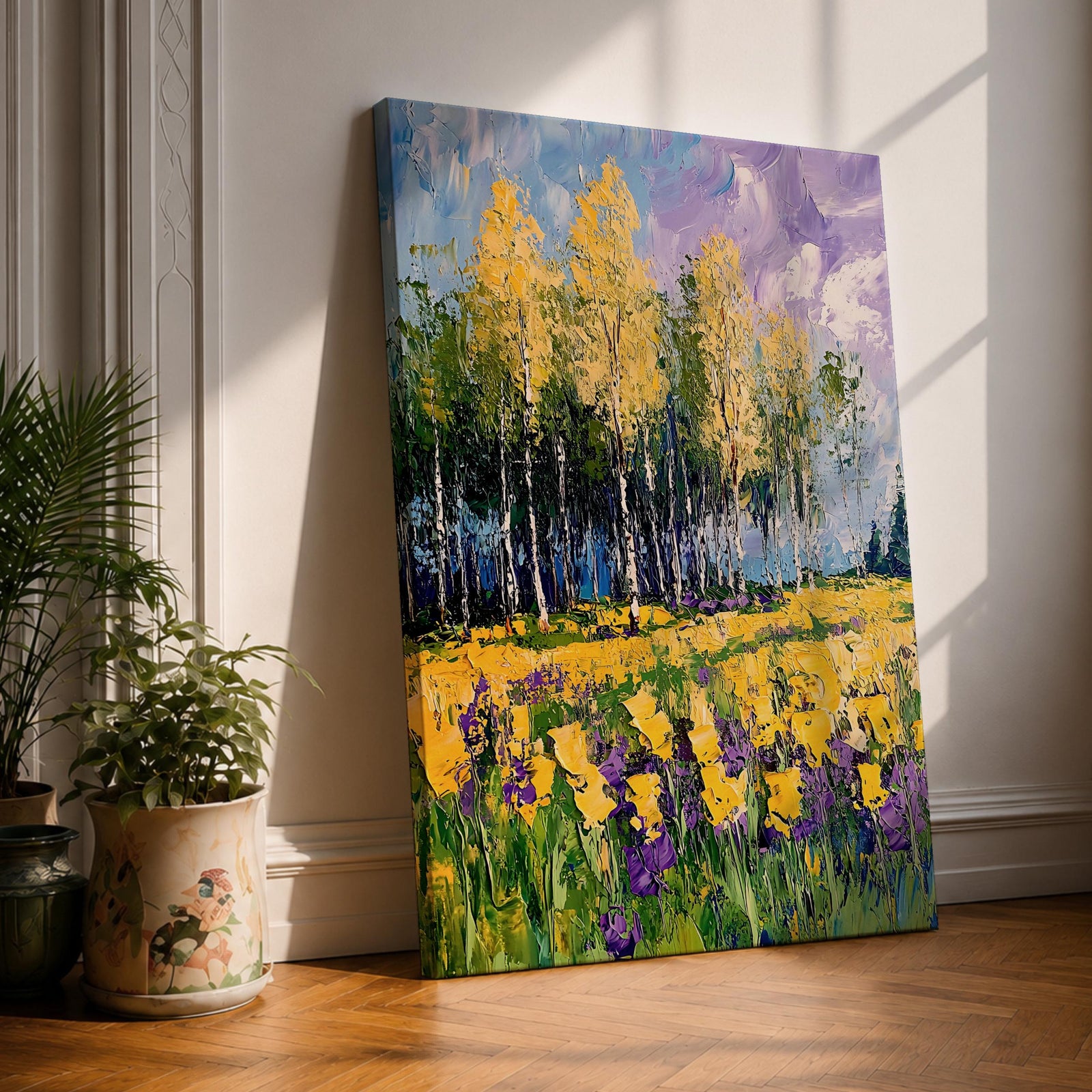 An impasto style painting of a wildflower field featuring tall yellow flowers and purple blooms with a backdrop of trees and a vibrant sky. The textured brushstrokes create a rich, tactile surface emphasizing the natural landscape and floral elements in a colorful, expressive manner.
