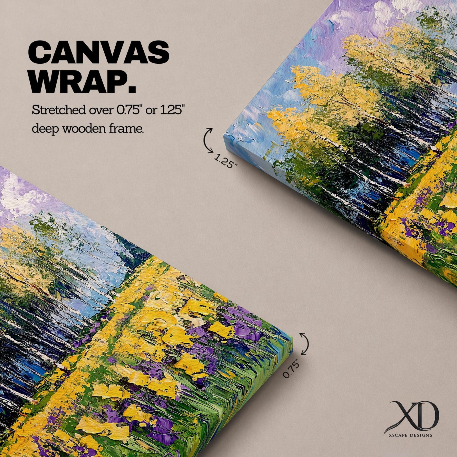 An impasto style painting of a wildflower field featuring tall yellow flowers and purple blooms with a backdrop of trees and a vibrant sky. The textured brushstrokes create a rich, tactile surface emphasizing the natural landscape and floral elements in a colorful, expressive manner.
