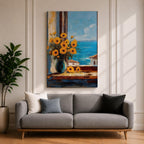 An impasto style painting of a sunflower bouquet in a blue vase set on a windowsill overlooking a bright blue sea and white Mediterranean buildings, capturing vibrant floral details with textured brushstrokes and a coastal landscape background.