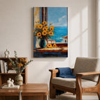An impasto style painting of a sunflower bouquet in a blue vase set on a windowsill overlooking a bright blue sea and white Mediterranean buildings, capturing vibrant floral details with textured brushstrokes and a coastal landscape background.