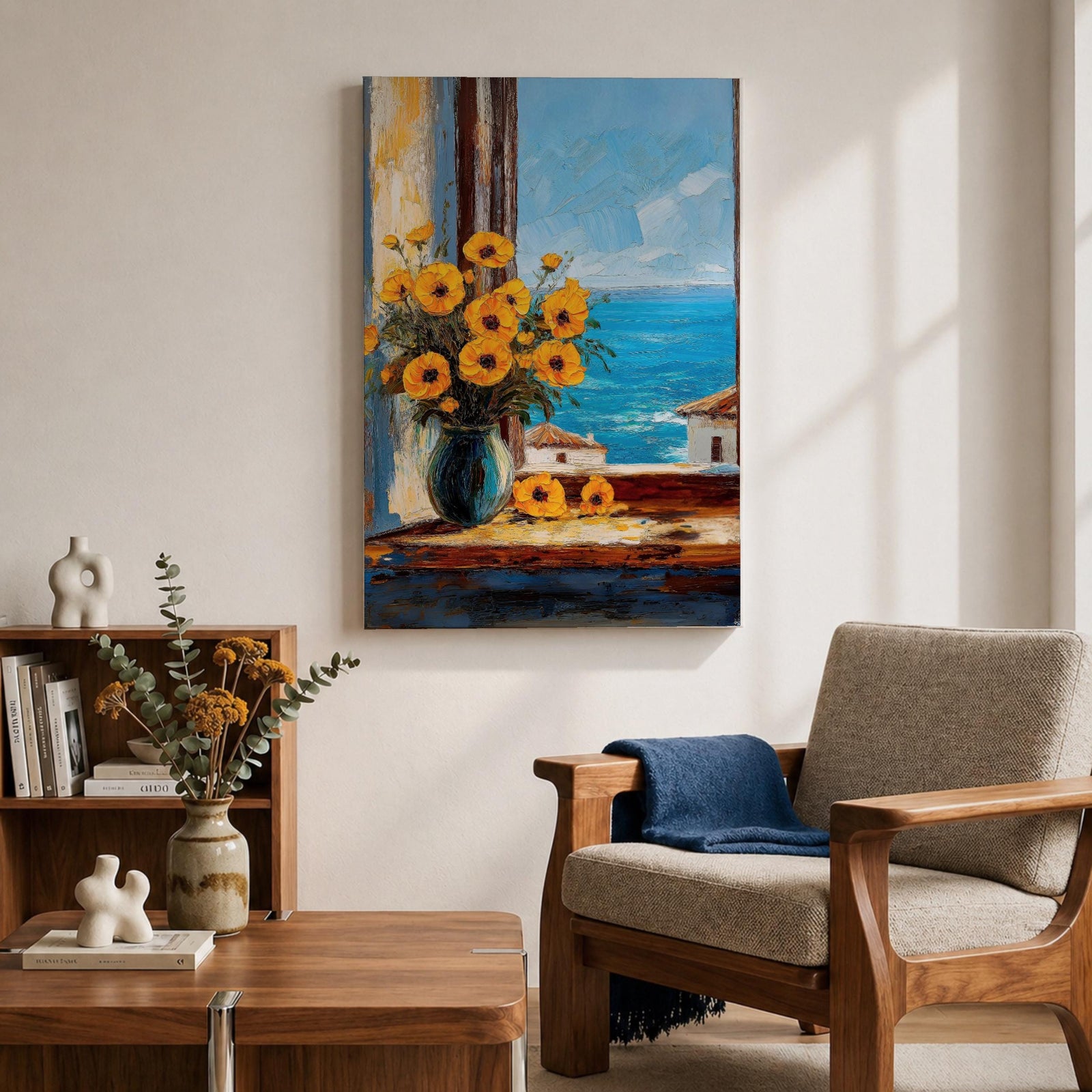 An impasto style painting of a sunflower bouquet in a blue vase set on a windowsill overlooking a bright blue sea and white Mediterranean buildings, capturing vibrant floral details with textured brushstrokes and a coastal landscape background.