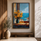 An impasto style painting of a sunflower bouquet in a blue vase set on a windowsill overlooking a bright blue sea and white Mediterranean buildings, capturing vibrant floral details with textured brushstrokes and a coastal landscape background.