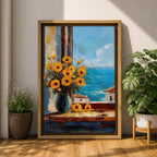An impasto style painting of a sunflower bouquet in a blue vase set on a windowsill overlooking a bright blue sea and white Mediterranean buildings, capturing vibrant floral details with textured brushstrokes and a coastal landscape background.