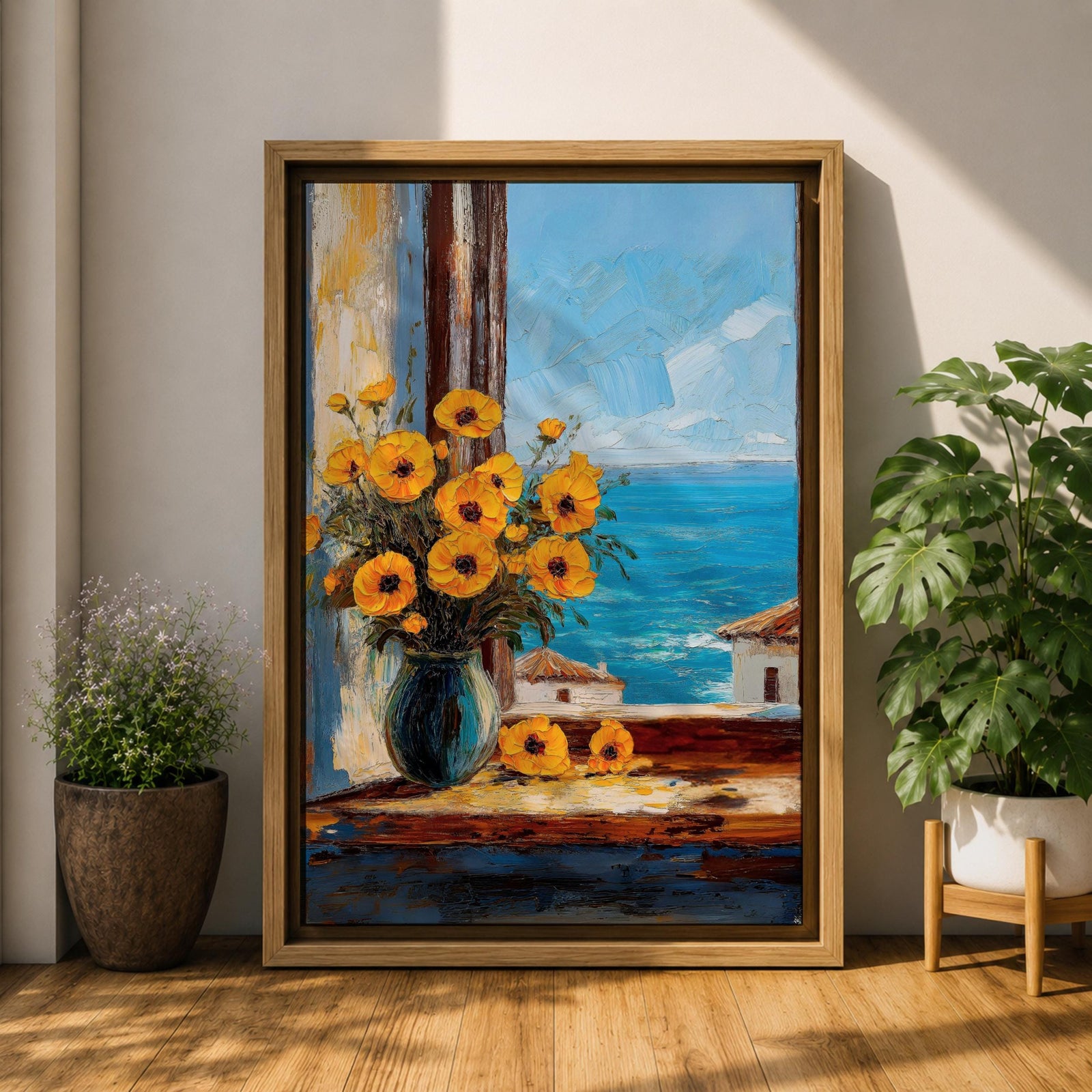 An impasto style painting of a sunflower bouquet in a blue vase set on a windowsill overlooking a bright blue sea and white Mediterranean buildings, capturing vibrant floral details with textured brushstrokes and a coastal landscape background.