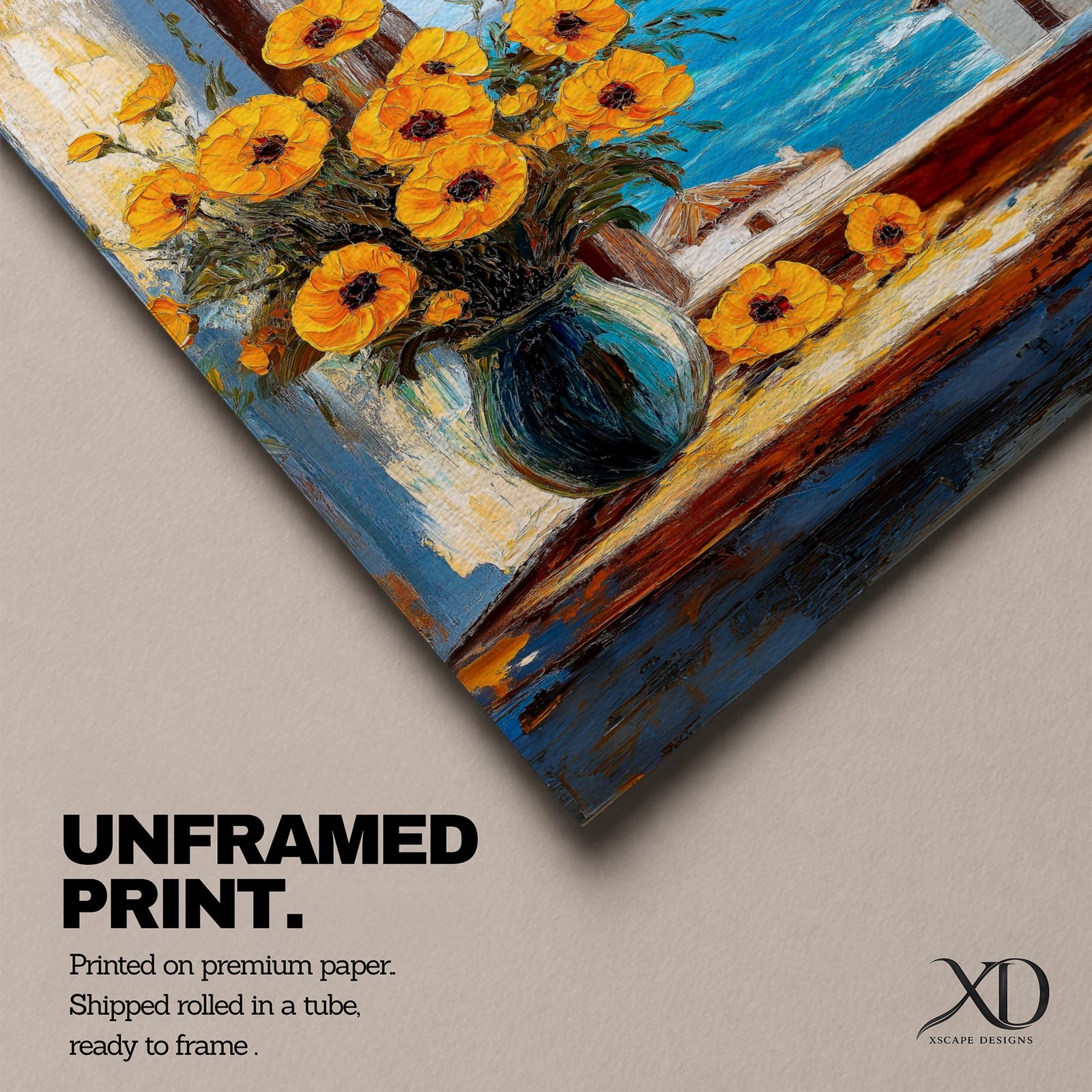 An impasto style painting of a sunflower bouquet in a blue vase set on a windowsill overlooking a bright blue sea and white Mediterranean buildings, capturing vibrant floral details with textured brushstrokes and a coastal landscape background.