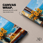 An impasto style painting of a sunflower bouquet in a blue vase set on a windowsill overlooking a bright blue sea and white Mediterranean buildings, capturing vibrant floral details with textured brushstrokes and a coastal landscape background.