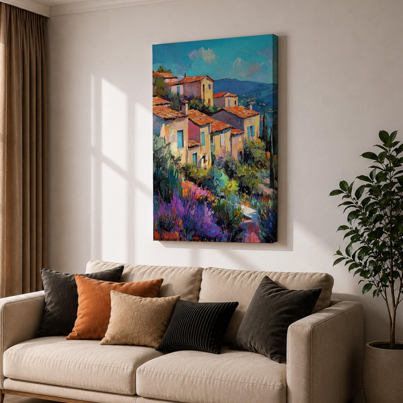 This impasto style painting depicts a vibrant Mediterranean village with terracotta-roofed houses clustered on a hillside surrounded by lush greenery and colorful flowers, set against a bright blue sky and distant mountains, capturing the charm and warmth of a coastal landscape.