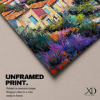 This impasto style painting depicts a vibrant Mediterranean village with terracotta-roofed houses clustered on a hillside surrounded by lush greenery and colorful flowers, set against a bright blue sky and distant mountains, capturing the charm and warmth of a coastal landscape.