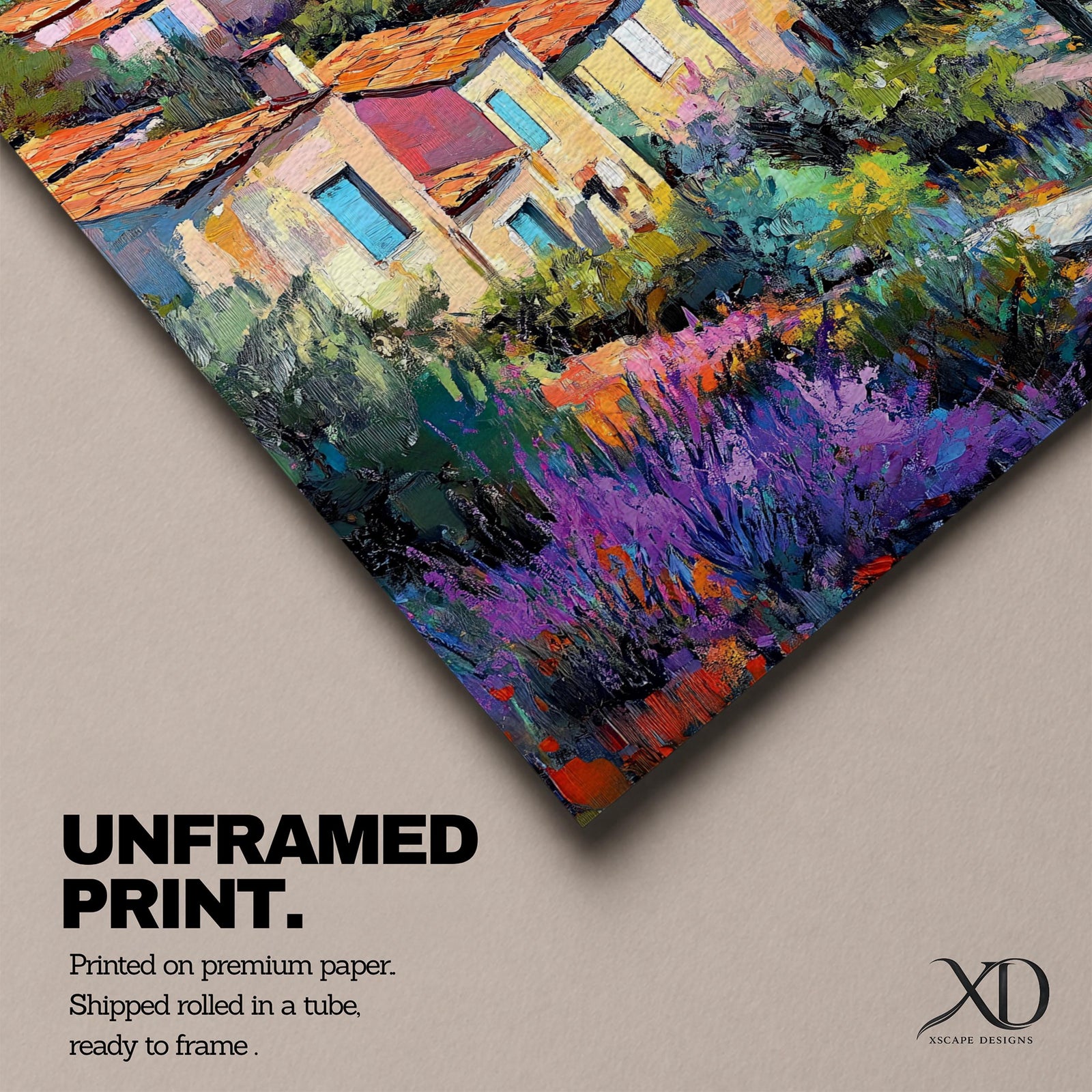 This impasto style painting depicts a vibrant Mediterranean village with terracotta-roofed houses clustered on a hillside surrounded by lush greenery and colorful flowers, set against a bright blue sky and distant mountains, capturing the charm and warmth of a coastal landscape.