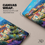 This impasto style painting depicts a vibrant Mediterranean village with terracotta-roofed houses clustered on a hillside surrounded by lush greenery and colorful flowers, set against a bright blue sky and distant mountains, capturing the charm and warmth of a coastal landscape.