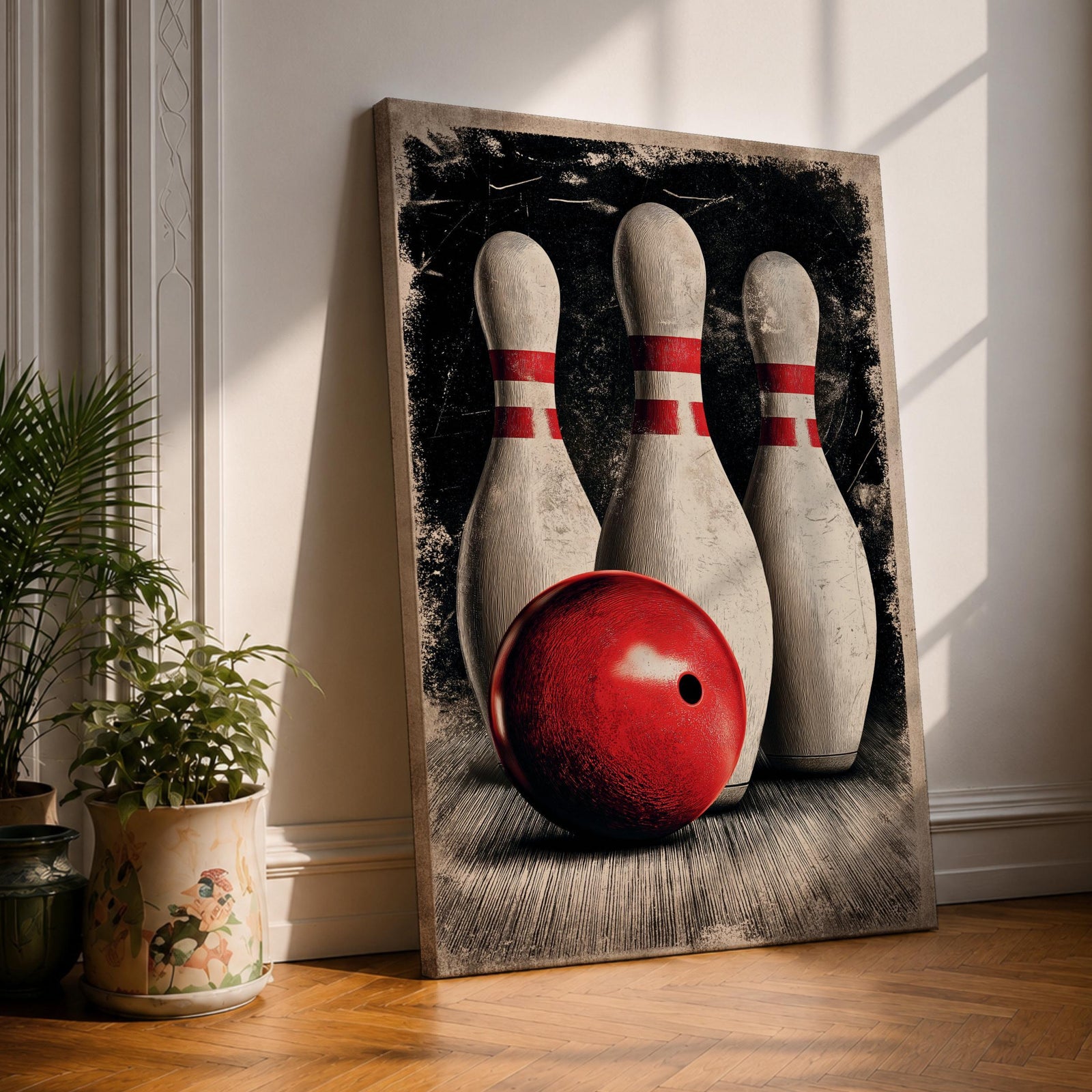 Bowling wall art featuring a red bowling ball positioned in front of three classic bowling pins. The vintage-inspired sports artwork uses bold contrast, distressed textures, and dramatic composition, making it an ideal statement piece for bowling alleys, game rooms, man caves, and recreation spaces.