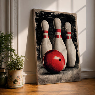 Bowling wall art featuring a red bowling ball positioned in front of three classic bowling pins. The vintage-inspired sports artwork uses bold contrast, distressed textures, and dramatic composition, making it an ideal statement piece for bowling alleys, game rooms, man caves, and recreation spaces.