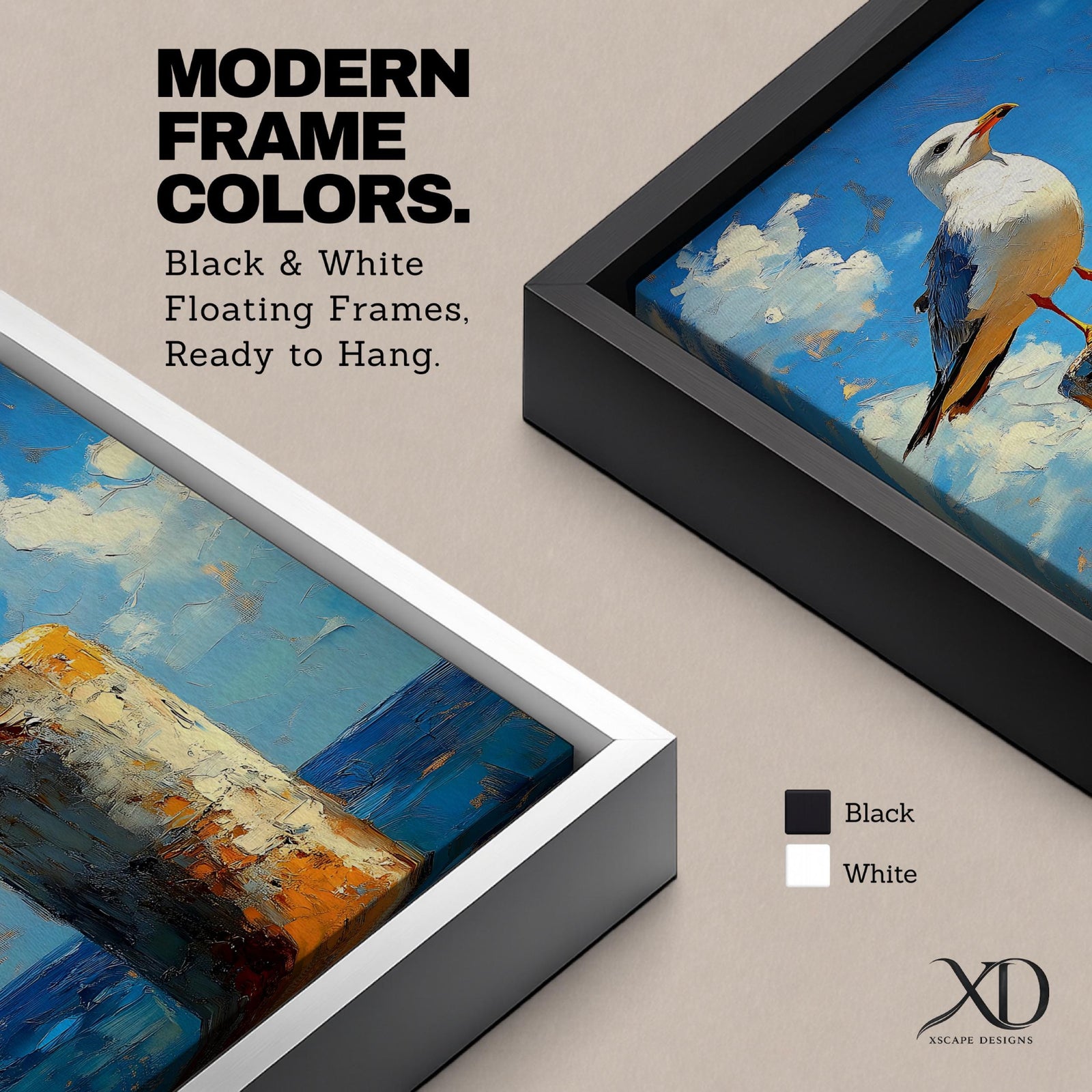 A framed canvas painting of a seagull perched on a weathered post against a bright blue sky with fluffy clouds and a distant ocean horizon. The artwork captures the bird in a realistic style with textured brushstrokes emphasizing the natural coastal scene.