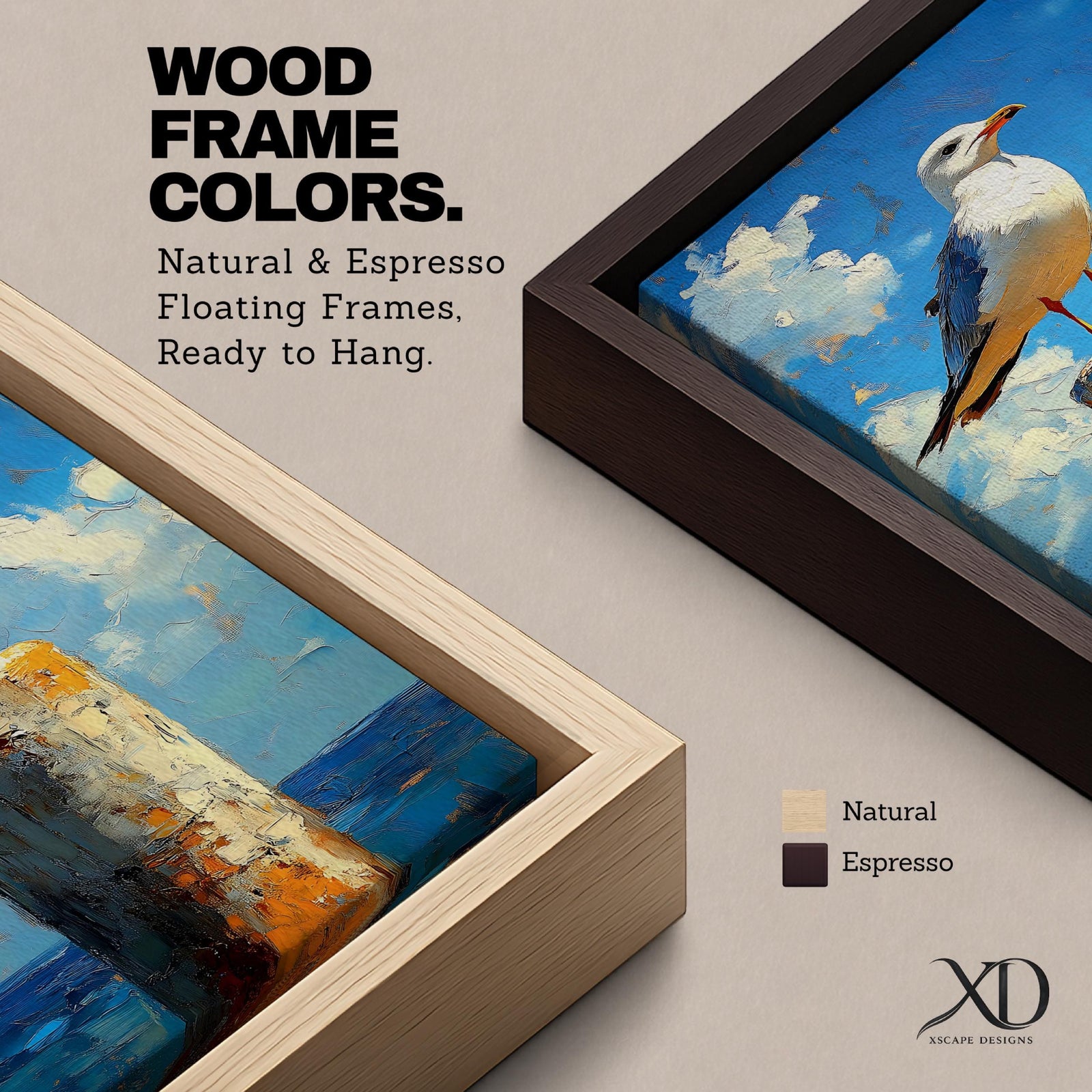 A framed canvas painting of a seagull perched on a weathered post against a bright blue sky with fluffy clouds and a distant ocean horizon. The artwork captures the bird in a realistic style with textured brushstrokes emphasizing the natural coastal scene.