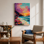 An impasto style framed canvas depicting a vibrant beach sunset with colorful sky, waves crashing on the shore, and blooming flowers in the foreground, capturing a coastal seascape landscape scene with textured brushstrokes and bold colors.