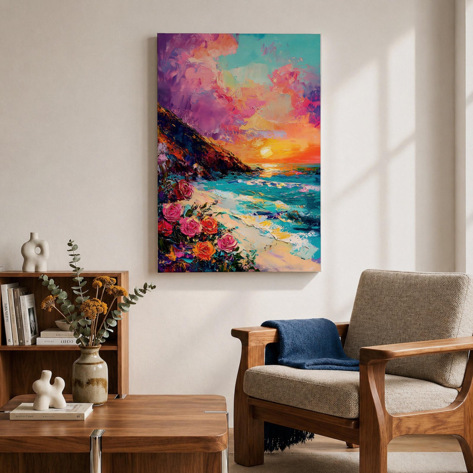 An impasto style framed canvas depicting a vibrant beach sunset with colorful sky, waves crashing on the shore, and blooming flowers in the foreground, capturing a coastal seascape landscape scene with textured brushstrokes and bold colors.