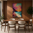 An impasto style framed canvas depicting a vibrant beach sunset with colorful sky, waves crashing on the shore, and blooming flowers in the foreground, capturing a coastal seascape landscape scene with textured brushstrokes and bold colors.