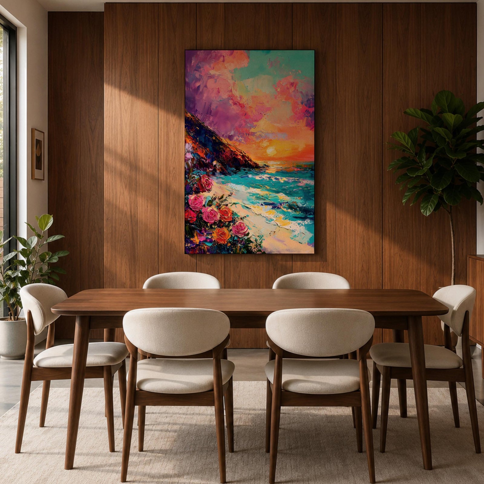 An impasto style framed canvas depicting a vibrant beach sunset with colorful sky, waves crashing on the shore, and blooming flowers in the foreground, capturing a coastal seascape landscape scene with textured brushstrokes and bold colors.